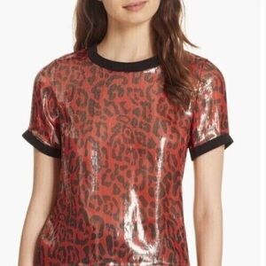 Alice + Olivia Red Black Piera Silk Animal Print Top
